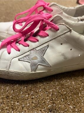 White Leather Golden Goose Star Sneakers with Pink Laces